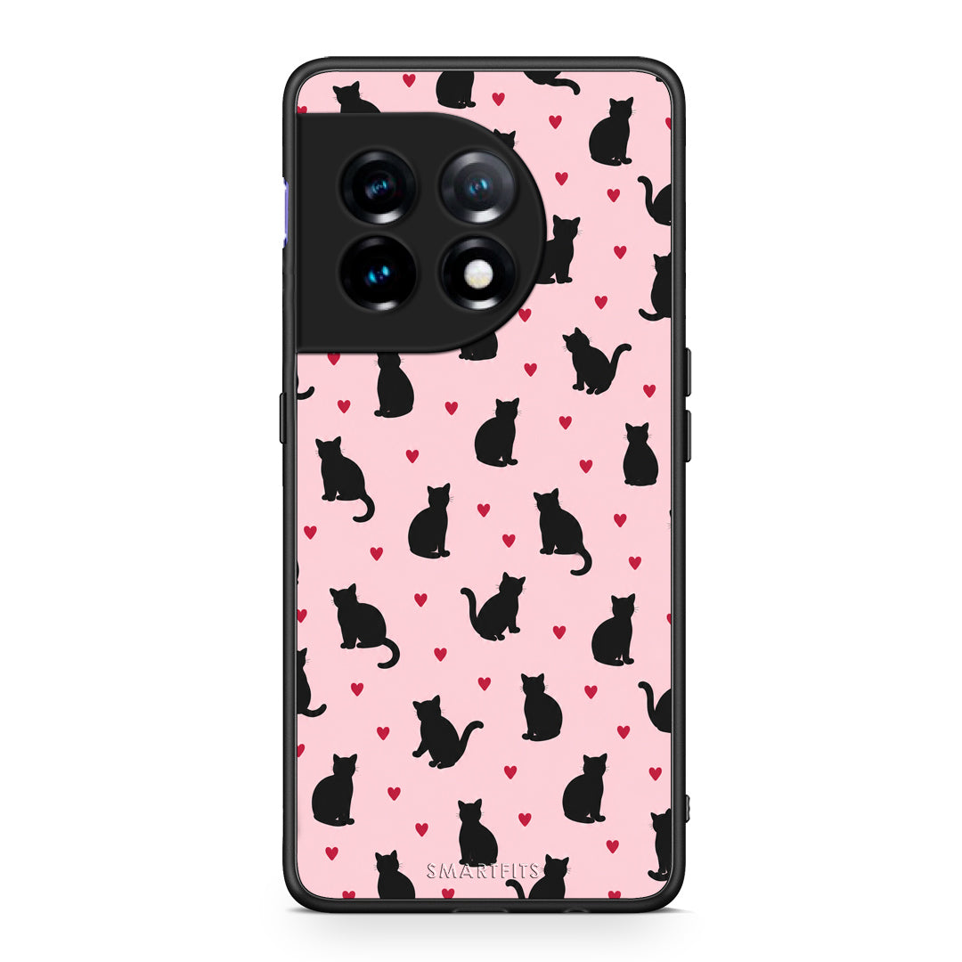 Θήκη OnePlus 11 5G Black Cat Silhouettes and Hearts on Pink από τη Smartfits με σχέδιο στο πίσω μέρος και μαύρο περίβλημα | OnePlus 11 5G Black Cat Silhouettes and Hearts on Pink case with colorful back and black bezels
