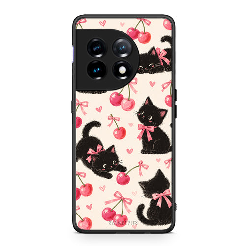 Θήκη OnePlus 11 5G Black Kittens and Cherries on Cream από τη Smartfits με σχέδιο στο πίσω μέρος και μαύρο περίβλημα | OnePlus 11 5G Black Kittens and Cherries on Cream case with colorful back and black bezels