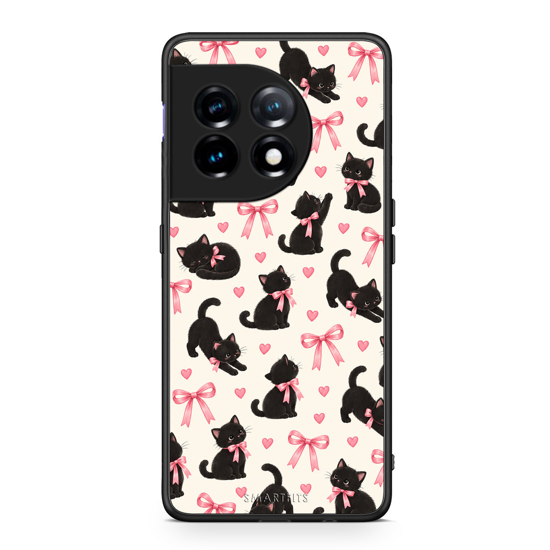 Θήκη OnePlus 11 5G Black Kittens and Pink Bows on Cream Small από τη Smartfits με σχέδιο στο πίσω μέρος και μαύρο περίβλημα | OnePlus 11 5G Black Kittens and Pink Bows on Cream Small case with colorful back and black bezels