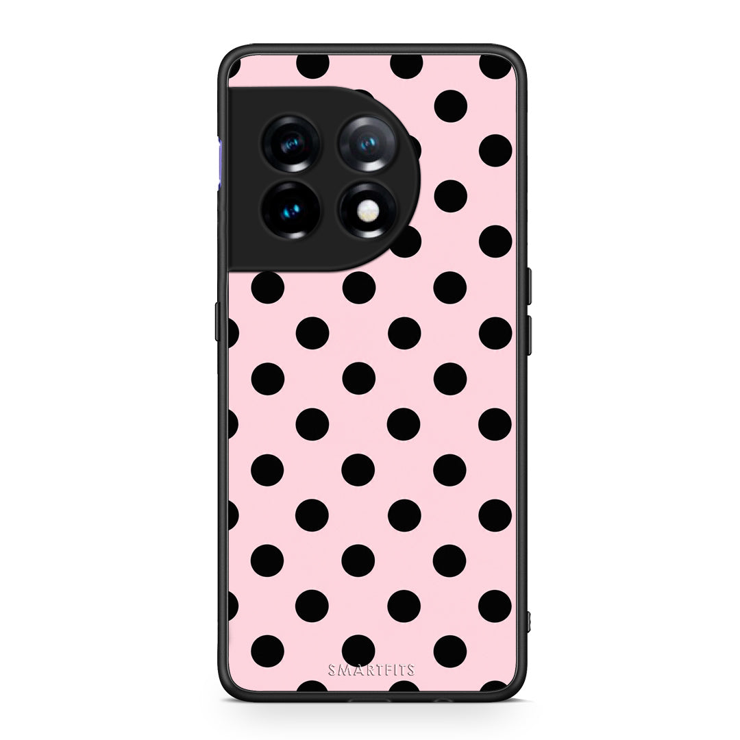 Θήκη OnePlus 11 5G Black Polka Dots on Pink από τη Smartfits με σχέδιο στο πίσω μέρος και μαύρο περίβλημα | OnePlus 11 5G Black Polka Dots on Pink case with colorful back and black bezels