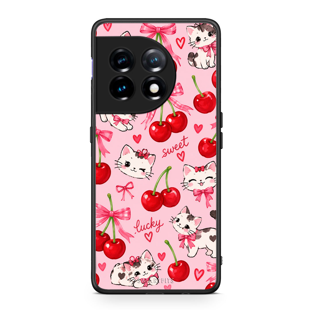 Θήκη OnePlus 11 5G Cherries Bows and Kittens on Pink από τη Smartfits με σχέδιο στο πίσω μέρος και μαύρο περίβλημα | OnePlus 11 5G Cherries Bows and Kittens on Pink case with colorful back and black bezels