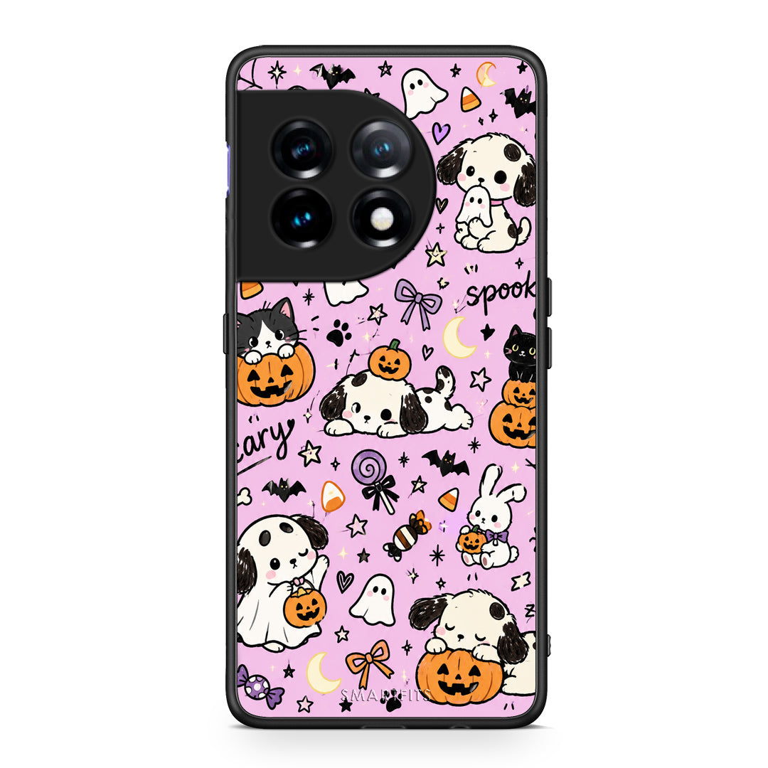 Θήκη OnePlus 11 5G Halloween Puppies and Friends on Lilac από τη Smartfits με σχέδιο στο πίσω μέρος και μαύρο περίβλημα | OnePlus 11 5G Halloween Puppies and Friends on Lilac case with colorful back and black bezels