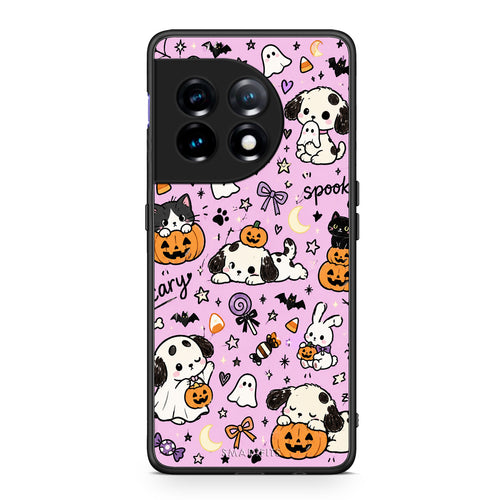 Θήκη OnePlus 11 5G Halloween Puppies and Friends on Lilac από τη Smartfits με σχέδιο στο πίσω μέρος και μαύρο περίβλημα | OnePlus 11 5G Halloween Puppies and Friends on Lilac case with colorful back and black bezels