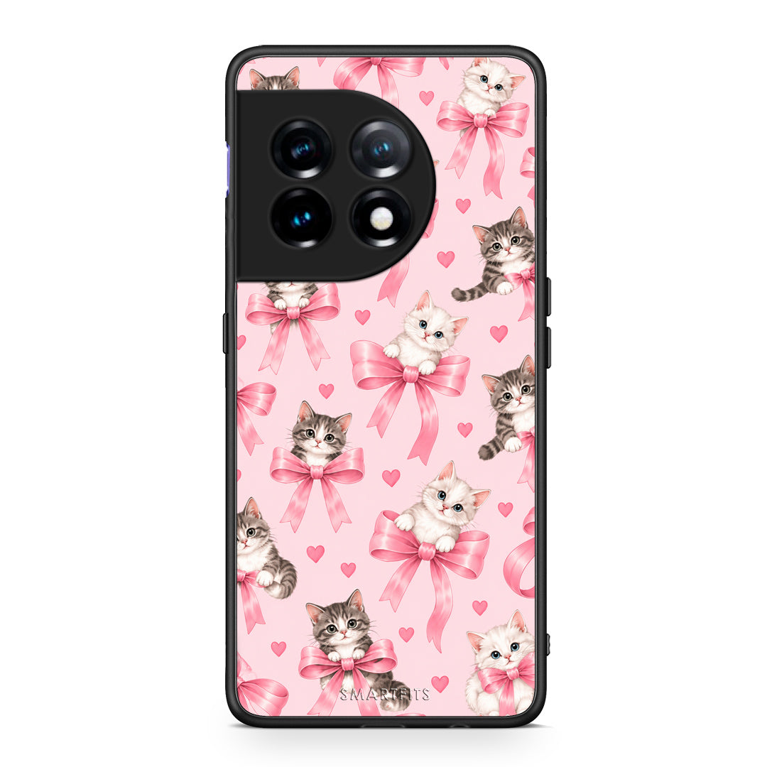 Θήκη OnePlus 11 5G Kittens and Pink Bows on Pink από τη Smartfits με σχέδιο στο πίσω μέρος και μαύρο περίβλημα | OnePlus 11 5G Kittens and Pink Bows on Pink case with colorful back and black bezels