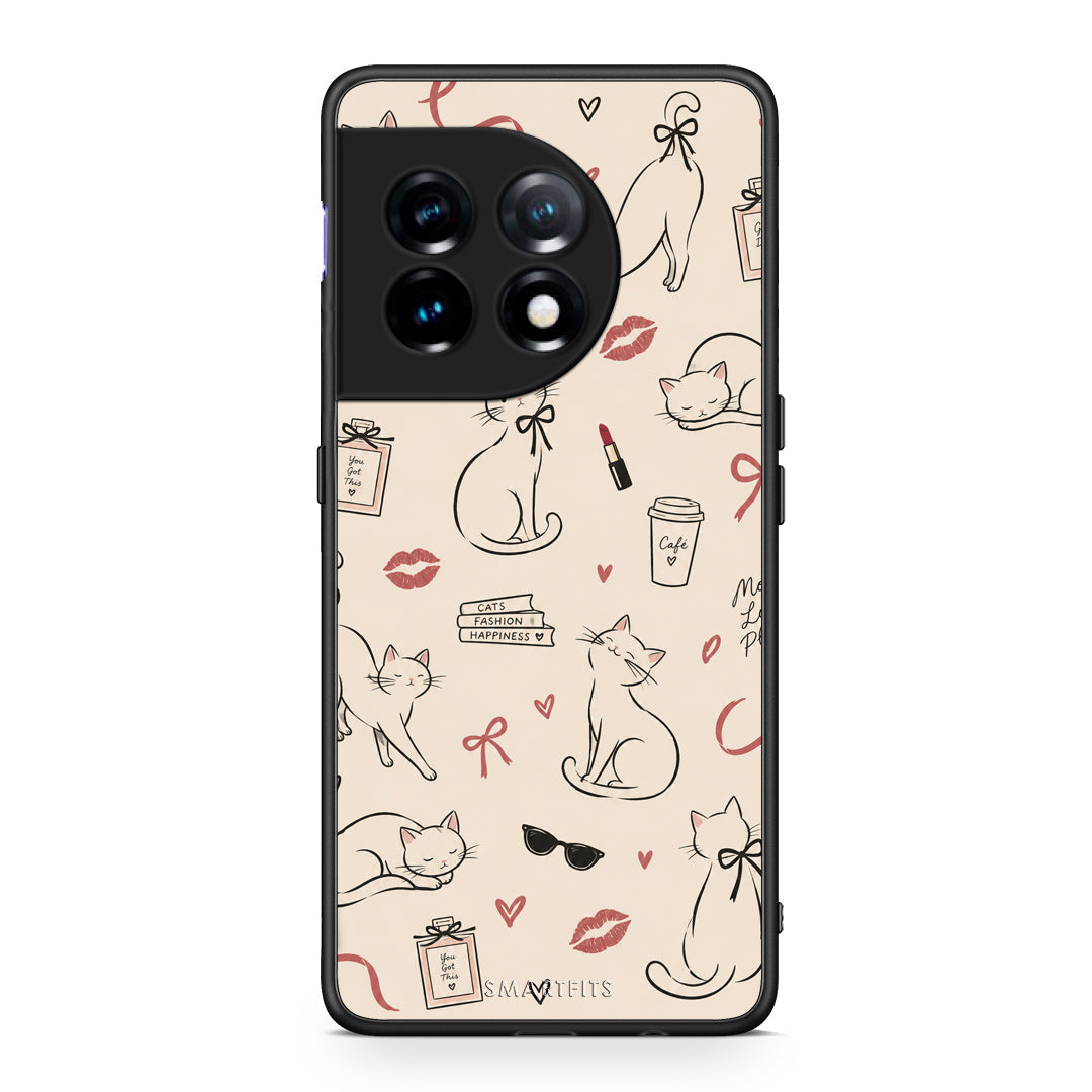 Θήκη OnePlus 11 5G Minimal Cat and Fashion Doodles on Cream από τη Smartfits με σχέδιο στο πίσω μέρος και μαύρο περίβλημα | OnePlus 11 5G Minimal Cat and Fashion Doodles on Cream case with colorful back and black bezels