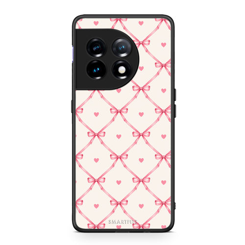 Θήκη OnePlus 11 5G Pink Bow Lattice and Hearts on Cream από τη Smartfits με σχέδιο στο πίσω μέρος και μαύρο περίβλημα | OnePlus 11 5G Pink Bow Lattice and Hearts on Cream case with colorful back and black bezels