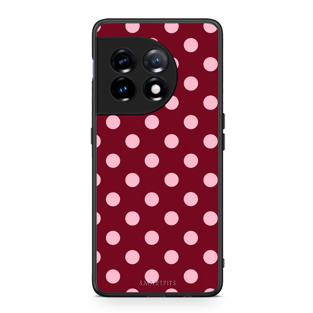 Θήκη OnePlus 11 5G Pink Polka Dots on Burgundy από τη Smartfits με σχέδιο στο πίσω μέρος και μαύρο περίβλημα | OnePlus 11 5G Pink Polka Dots on Burgundy case with colorful back and black bezels