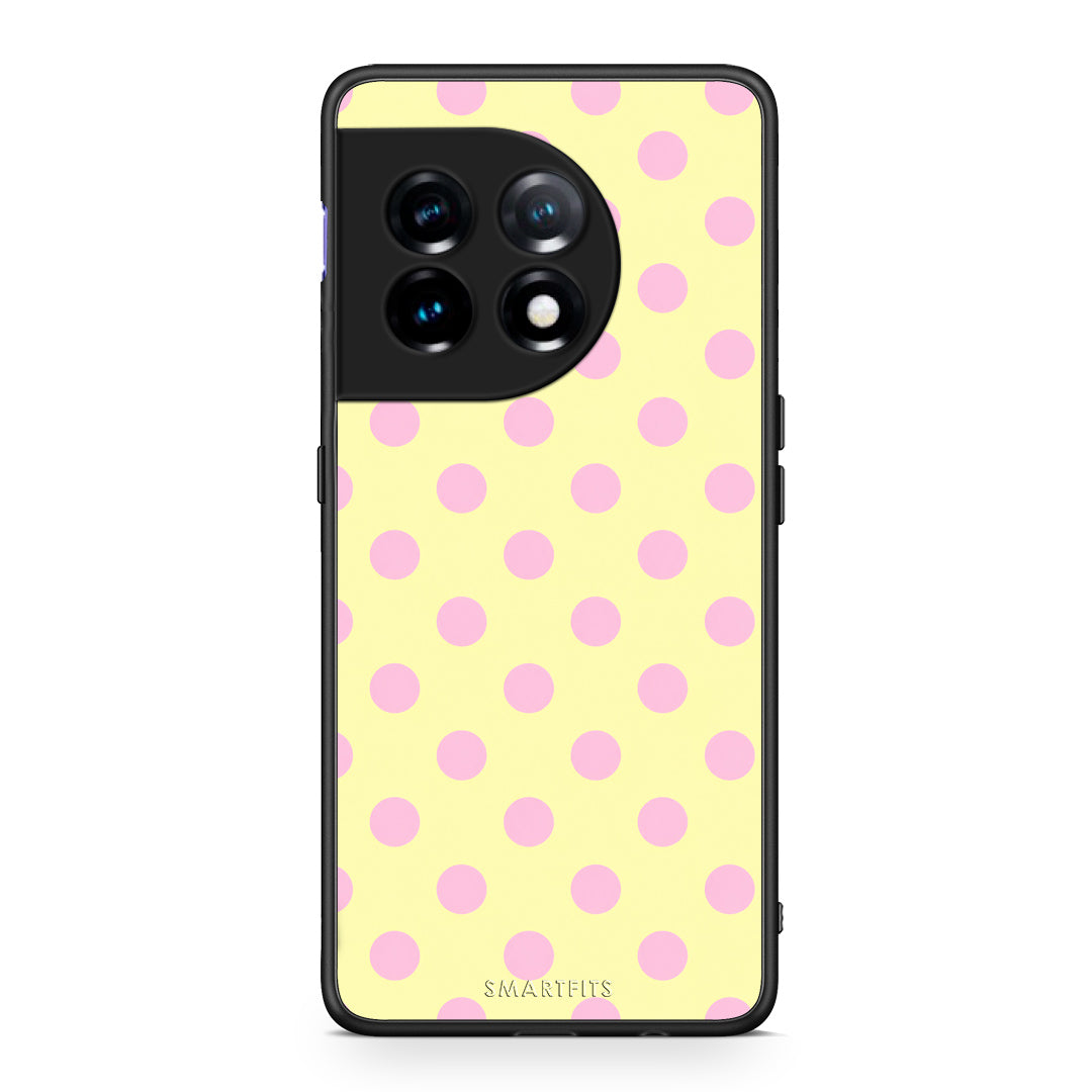 Θήκη OnePlus 11 5G Pink Polka Dots on Yellow από τη Smartfits με σχέδιο στο πίσω μέρος και μαύρο περίβλημα | OnePlus 11 5G Pink Polka Dots on Yellow case with colorful back and black bezels