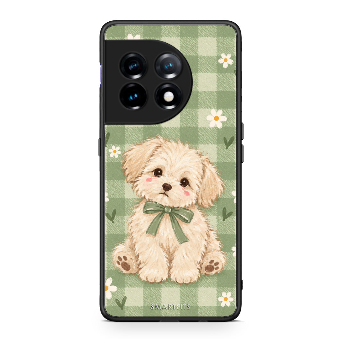 Θήκη OnePlus 11 5G Puppy and Daisies on Sage Gingham από τη Smartfits με σχέδιο στο πίσω μέρος και μαύρο περίβλημα | OnePlus 11 5G Puppy and Daisies on Sage Gingham case with colorful back and black bezels