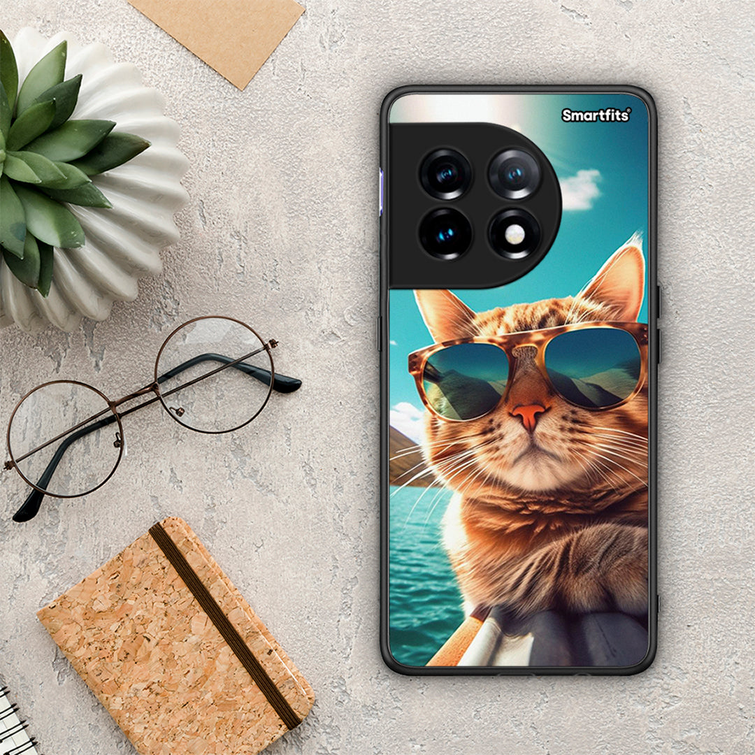 Θήκη OnePlus 11 5G Summer Cat από τη Smartfits με σχέδιο στο πίσω μέρος και μαύρο περίβλημα | OnePlus 11 5G Summer Cat Case with Colorful Back and Black Bezels