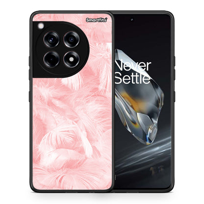 Θήκη OnePlus 12 Pink Feather Boho από τη Smartfits με σχέδιο στο πίσω μέρος και μαύρο περίβλημα | OnePlus 12 Pink Feather Boho case with colorful back and black bezels