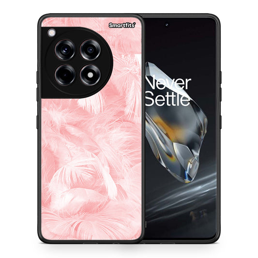 Θήκη OnePlus 12 Pink Feather Boho από τη Smartfits με σχέδιο στο πίσω μέρος και μαύρο περίβλημα | OnePlus 12 Pink Feather Boho case with colorful back and black bezels