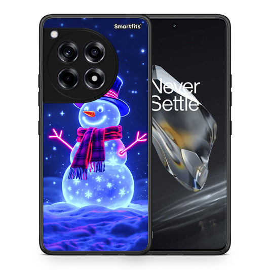 Θήκη OnePlus 12 Christmas Neon Snowman από τη Smartfits με σχέδιο στο πίσω μέρος και μαύρο περίβλημα | OnePlus 12 Christmas Neon Snowman case with colorful back and black bezels