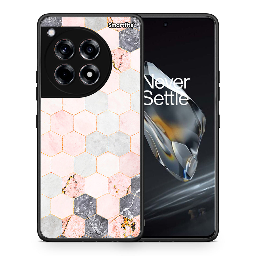 Θήκη OnePlus 12 Hexagon Pink Marble από τη Smartfits με σχέδιο στο πίσω μέρος και μαύρο περίβλημα | OnePlus 12 Hexagon Pink Marble case with colorful back and black bezels