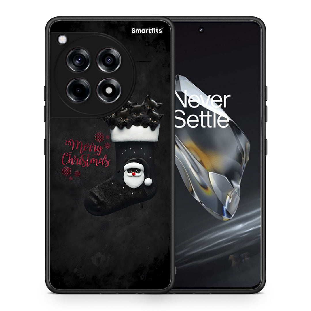 Θήκη OnePlus 12 Merry Cat Christmas από τη Smartfits με σχέδιο στο πίσω μέρος και μαύρο περίβλημα | OnePlus 12 Merry Cat Christmas case with colorful back and black bezels