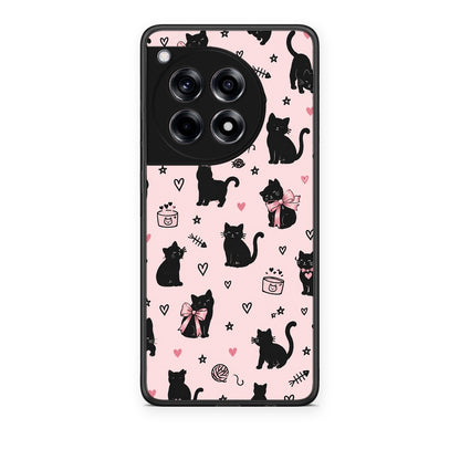 Θήκη OnePlus 12R 5G Black Cat Doodles on Pink από τη Smartfits με σχέδιο στο πίσω μέρος και μαύρο περίβλημα | OnePlus 12R 5G Black Cat Doodles on Pink case with colorful back and black bezels