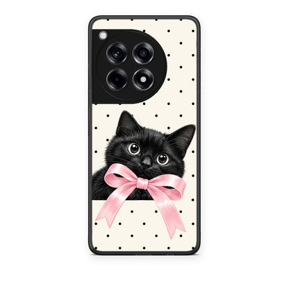 Θήκη OnePlus 12R 5G Black Kitten Pink Bow and Polka Dots από τη Smartfits με σχέδιο στο πίσω μέρος και μαύρο περίβλημα | OnePlus 12R 5G Black Kitten Pink Bow and Polka Dots case with colorful back and black bezels
