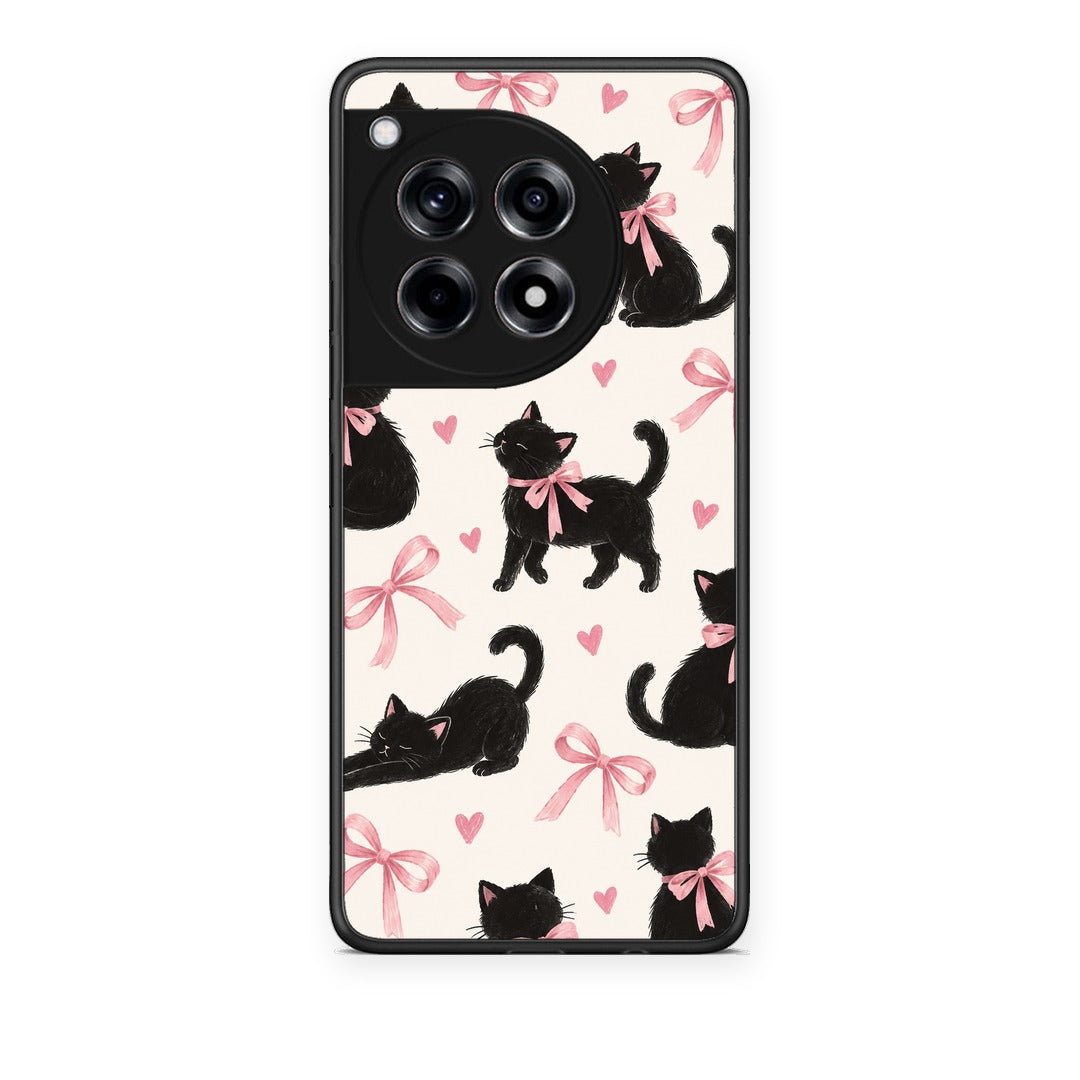 Θήκη OnePlus 12R 5G Black Kittens and Pink Bows on Cream Large από τη Smartfits με σχέδιο στο πίσω μέρος και μαύρο περίβλημα | OnePlus 12R 5G Black Kittens and Pink Bows on Cream Large case with colorful back and black bezels