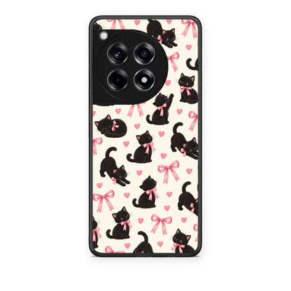 Θήκη OnePlus 12R 5G Black Kittens and Pink Bows on Cream Small από τη Smartfits με σχέδιο στο πίσω μέρος και μαύρο περίβλημα | OnePlus 12R 5G Black Kittens and Pink Bows on Cream Small case with colorful back and black bezels