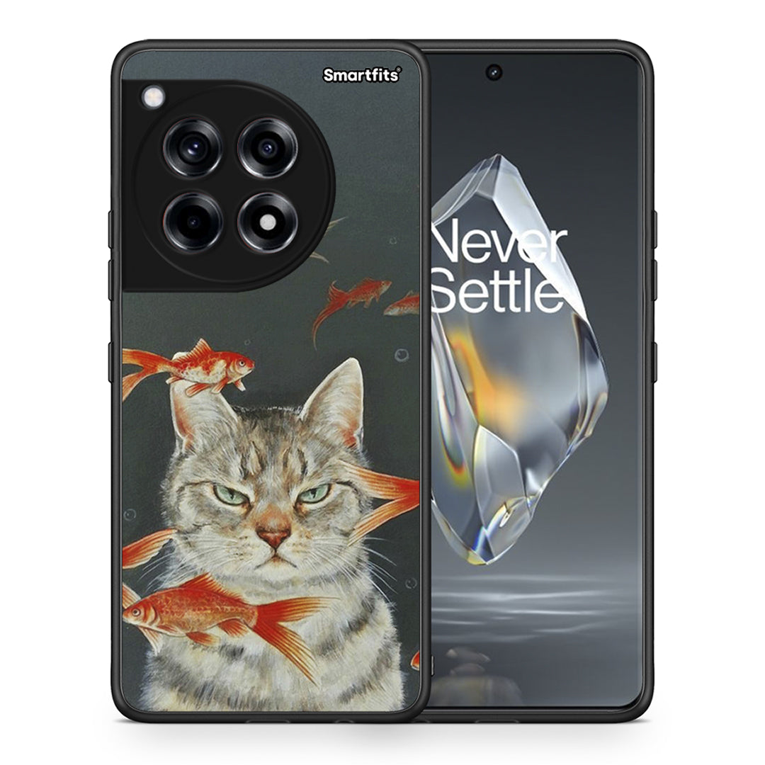 Θήκη OnePlus 12R 5G Cat Goldfish από τη Smartfits με σχέδιο στο πίσω μέρος και μαύρο περίβλημα | OnePlus 12R 5G Cat Goldfish case with colorful back and black bezels