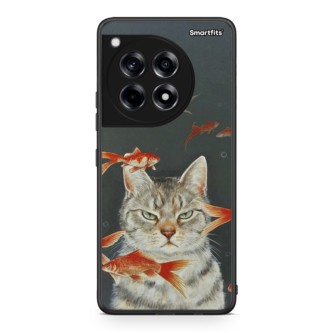 OnePlus 12R 5G Cat Goldfish θήκη από τη Smartfits με σχέδιο στο πίσω μέρος και μαύρο περίβλημα | Smartphone case with colorful back and black bezels by Smartfits