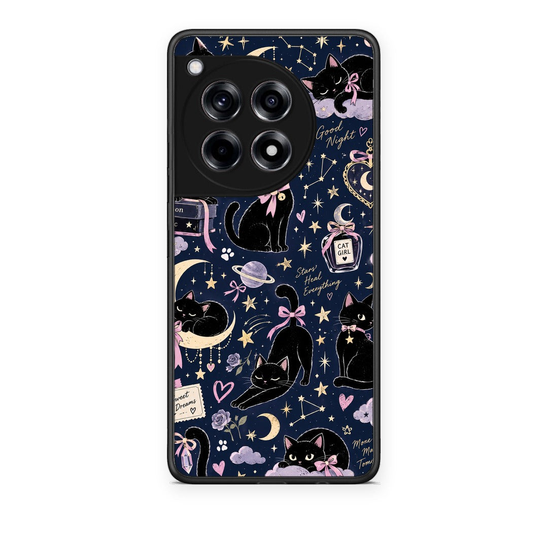 Θήκη OnePlus 12R 5G Celestial Black Cats on Navy από τη Smartfits με σχέδιο στο πίσω μέρος και μαύρο περίβλημα | OnePlus 12R 5G Celestial Black Cats on Navy case with colorful back and black bezels