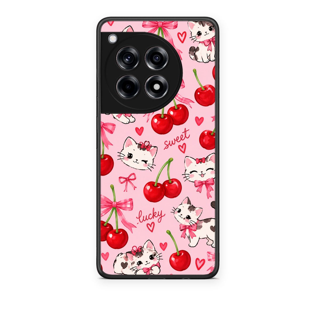 Θήκη OnePlus 12R 5G Cherries Bows and Kittens on Pink από τη Smartfits με σχέδιο στο πίσω μέρος και μαύρο περίβλημα | OnePlus 12R 5G Cherries Bows and Kittens on Pink case with colorful back and black bezels