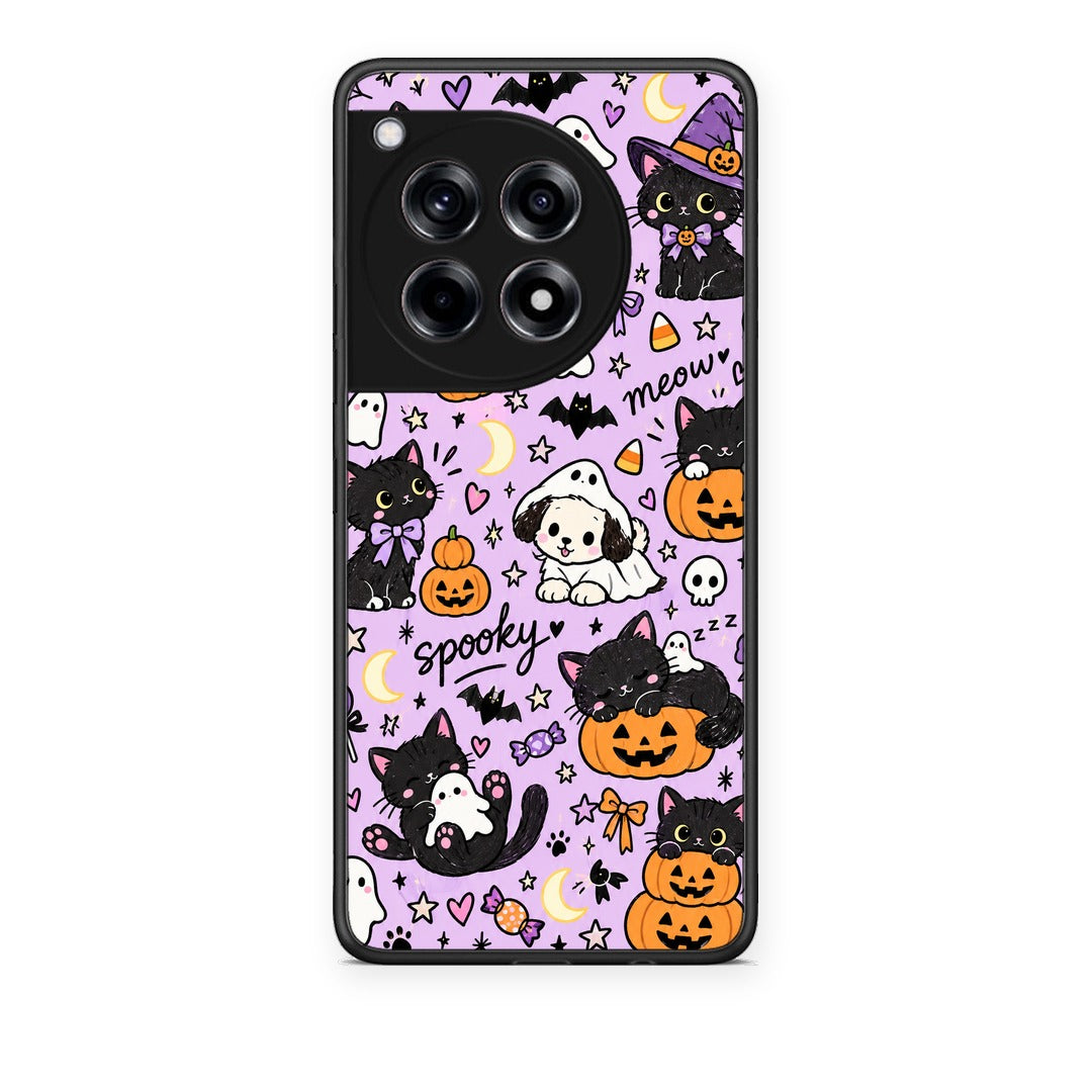 Θήκη OnePlus 12R 5G Halloween Black Cats on Lilac από τη Smartfits με σχέδιο στο πίσω μέρος και μαύρο περίβλημα | OnePlus 12R 5G Halloween Black Cats on Lilac case with colorful back and black bezels