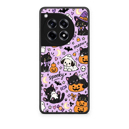 Θήκη OnePlus 12R 5G Halloween Black Cats on Lilac από τη Smartfits με σχέδιο στο πίσω μέρος και μαύρο περίβλημα | OnePlus 12R 5G Halloween Black Cats on Lilac case with colorful back and black bezels