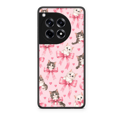 Θήκη OnePlus 12R 5G Kittens and Pink Bows on Pink από τη Smartfits με σχέδιο στο πίσω μέρος και μαύρο περίβλημα | OnePlus 12R 5G Kittens and Pink Bows on Pink case with colorful back and black bezels