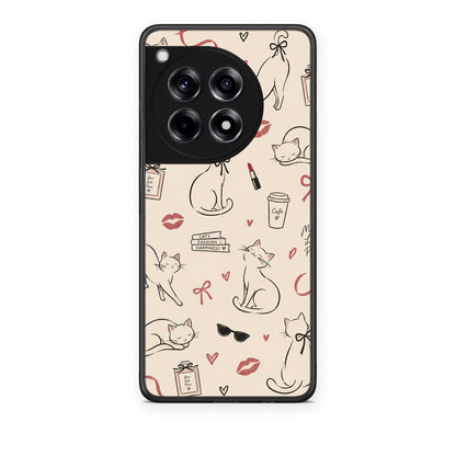 Θήκη OnePlus 12R 5G Minimal Cat and Fashion Doodles on Cream από τη Smartfits με σχέδιο στο πίσω μέρος και μαύρο περίβλημα | OnePlus 12R 5G Minimal Cat and Fashion Doodles on Cream case with colorful back and black bezels