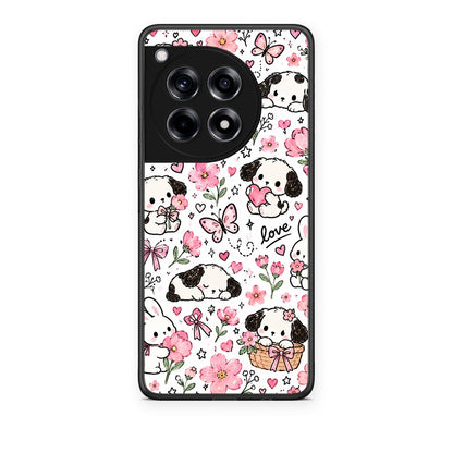 Θήκη OnePlus 12R 5G Pink Florals Puppies and Bunnies on White από τη Smartfits με σχέδιο στο πίσω μέρος και μαύρο περίβλημα | OnePlus 12R 5G Pink Florals Puppies and Bunnies on White case with colorful back and black bezels