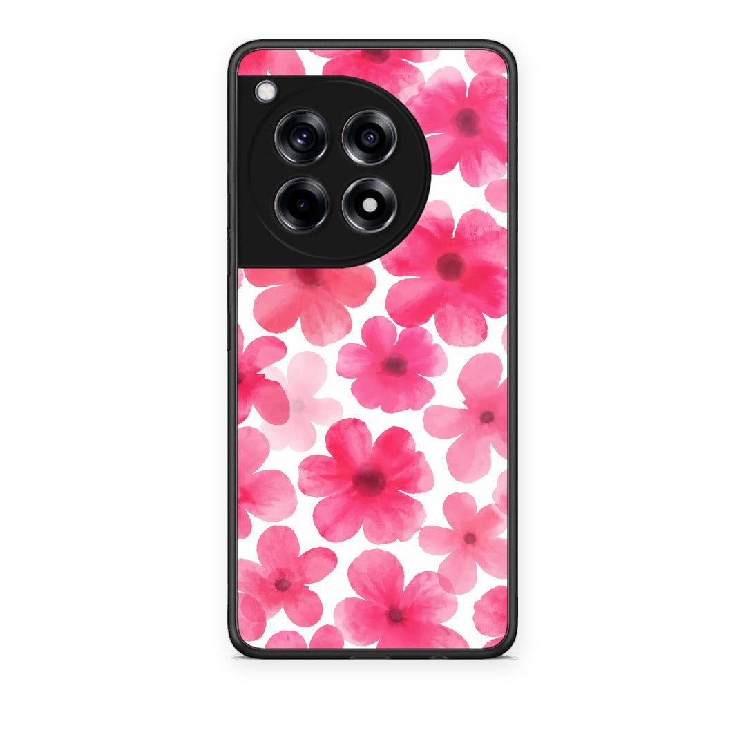 Θήκη OnePlus 12R 5G Pink Watercolour Flowers on White από τη Smartfits με σχέδιο στο πίσω μέρος και μαύρο περίβλημα | OnePlus 12R 5G Pink Watercolour Flowers on White case with colorful back and black bezels