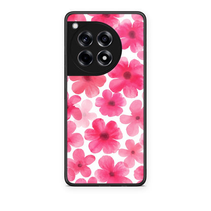 Θήκη OnePlus 12R 5G Pink Watercolour Flowers on White από τη Smartfits με σχέδιο στο πίσω μέρος και μαύρο περίβλημα | OnePlus 12R 5G Pink Watercolour Flowers on White case with colorful back and black bezels