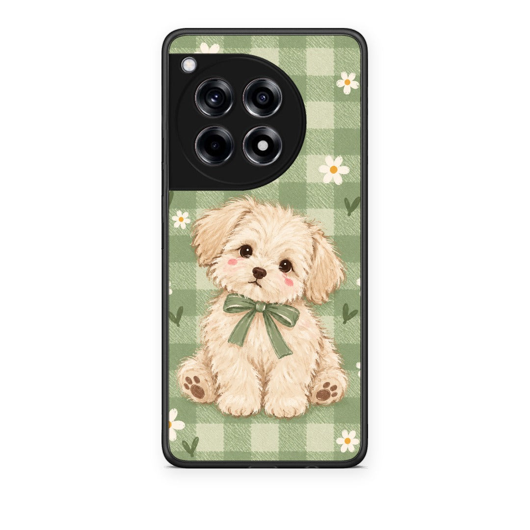 Θήκη OnePlus 12R 5G Puppy and Daisies on Sage Gingham από τη Smartfits με σχέδιο στο πίσω μέρος και μαύρο περίβλημα | OnePlus 12R 5G Puppy and Daisies on Sage Gingham case with colorful back and black bezels