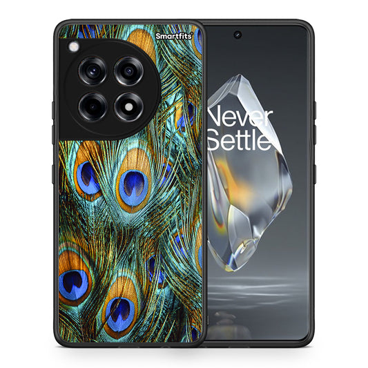 Θήκη OnePlus 12R 5G Real Peacock Feathers από τη Smartfits με σχέδιο στο πίσω μέρος και μαύρο περίβλημα | OnePlus 12R 5G Real Peacock Feathers case with colorful back and black bezels
