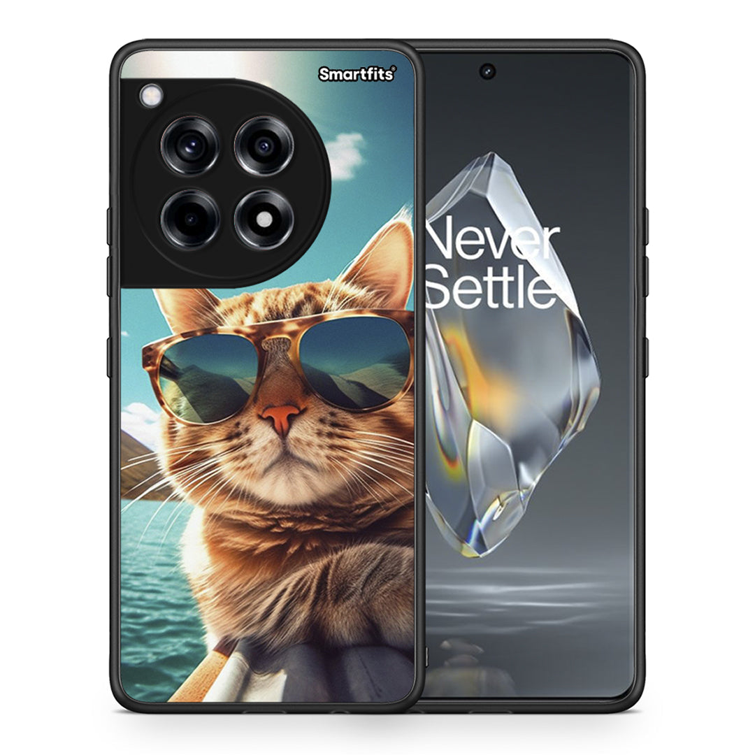 Θήκη OnePlus 12R 5G Summer Cat από τη Smartfits με σχέδιο στο πίσω μέρος και μαύρο περίβλημα | OnePlus 12R 5G Summer Cat case with colorful back and black bezels