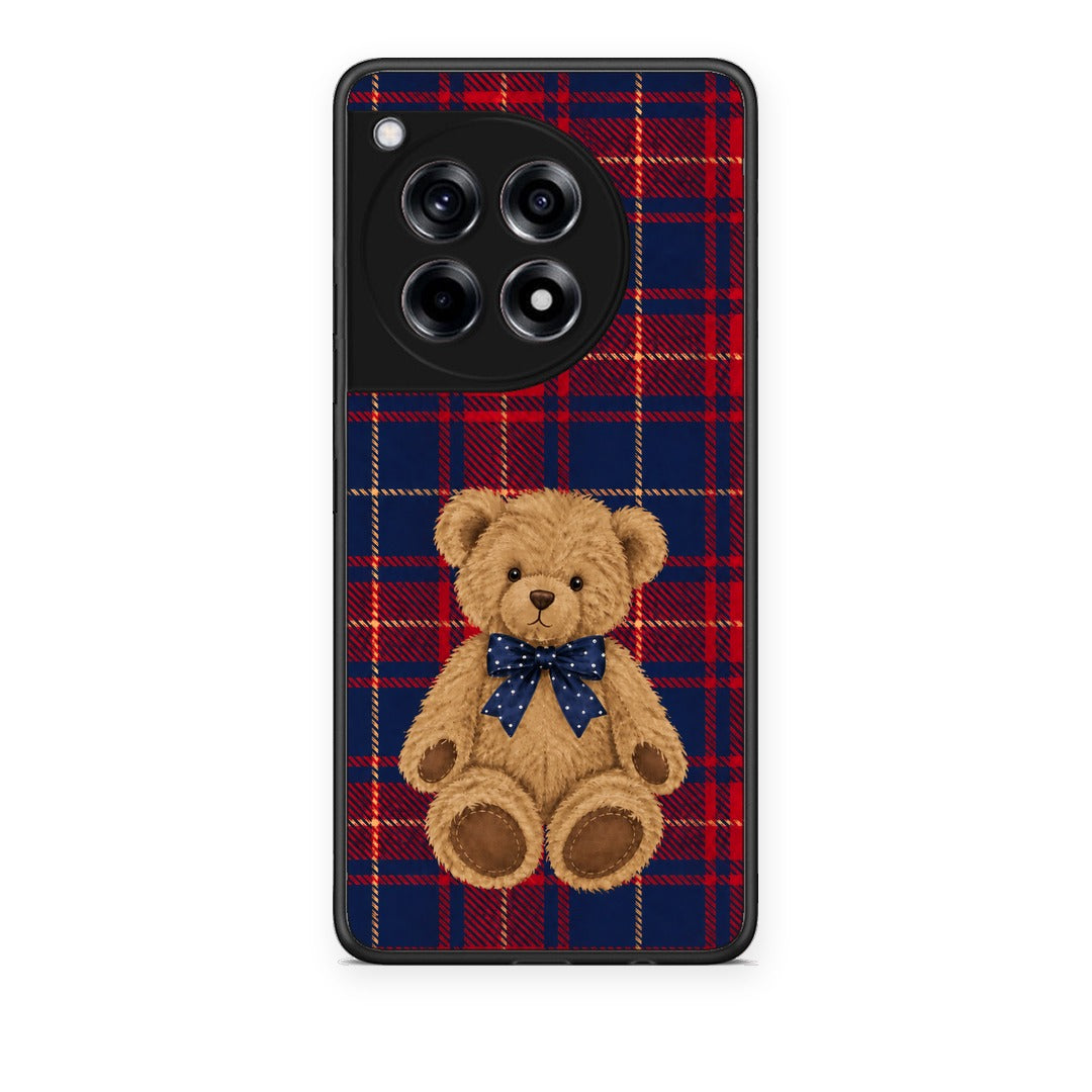 Θήκη OnePlus 12R 5G Teddy Bear on Red and Navy Tartan από τη Smartfits με σχέδιο στο πίσω μέρος και μαύρο περίβλημα | OnePlus 12R 5G Teddy Bear on Red and Navy Tartan case with colorful back and black bezels