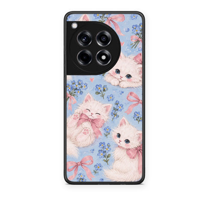 Θήκη OnePlus 12R 5G White Kittens and Blue Flowers Large από τη Smartfits με σχέδιο στο πίσω μέρος και μαύρο περίβλημα | OnePlus 12R 5G White Kittens and Blue Flowers Large case with colorful back and black bezels