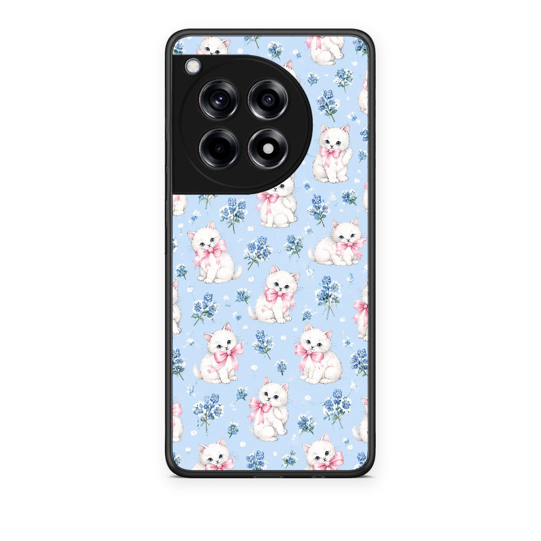 Θήκη OnePlus 12R 5G White Kittens and Blue Flowers Small από τη Smartfits με σχέδιο στο πίσω μέρος και μαύρο περίβλημα | OnePlus 12R 5G White Kittens and Blue Flowers Small case with colorful back and black bezels