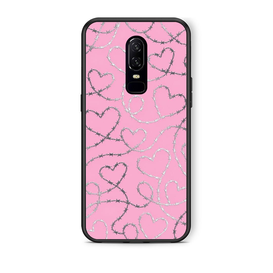 Θήκη OnePlus 6 Barbed Wire Hearts on Pink από τη Smartfits με σχέδιο στο πίσω μέρος και μαύρο περίβλημα | OnePlus 6 Barbed Wire Hearts on Pink case with colorful back and black bezels