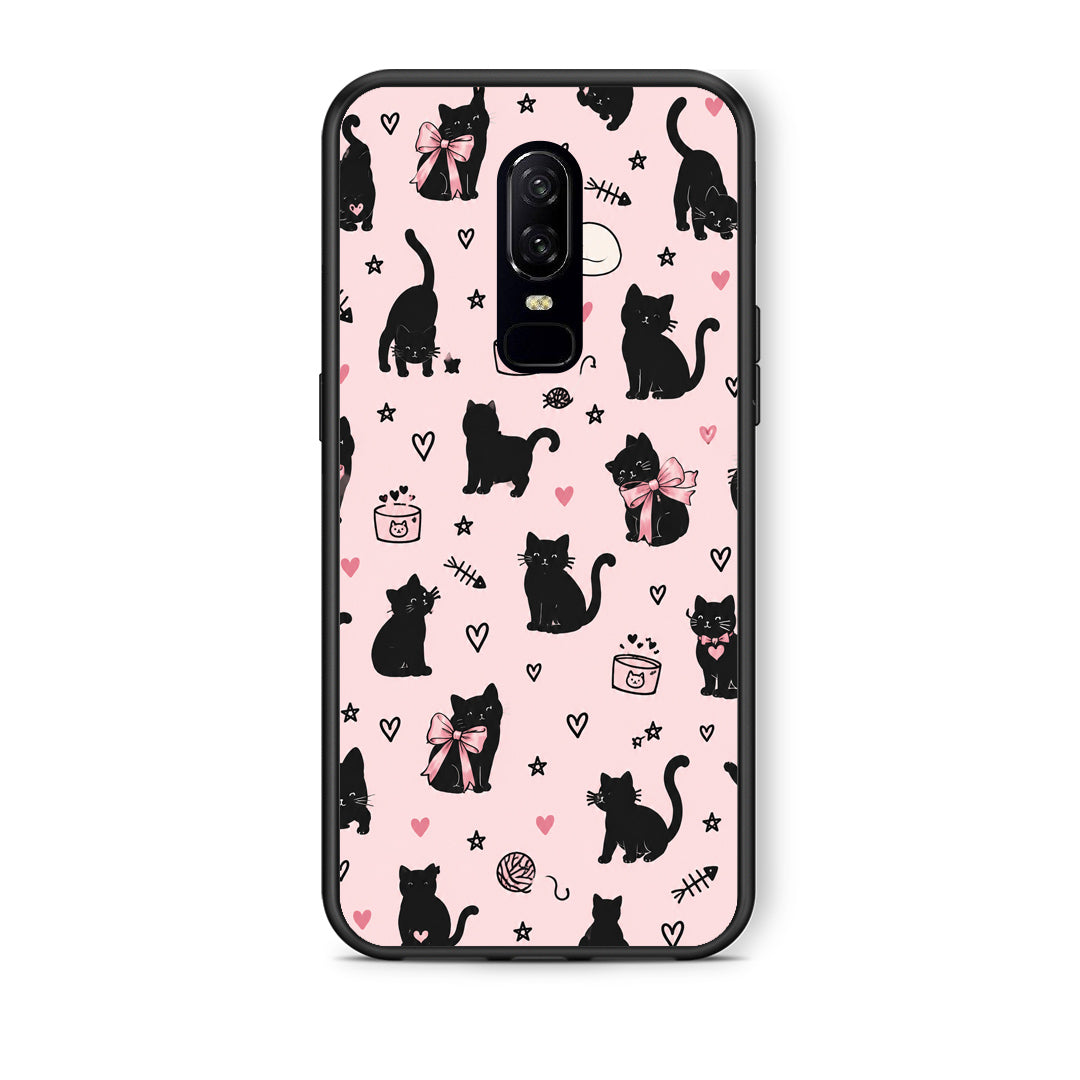 Θήκη OnePlus 6 Black Cat Doodles on Pink από τη Smartfits με σχέδιο στο πίσω μέρος και μαύρο περίβλημα | OnePlus 6 Black Cat Doodles on Pink case with colorful back and black bezels