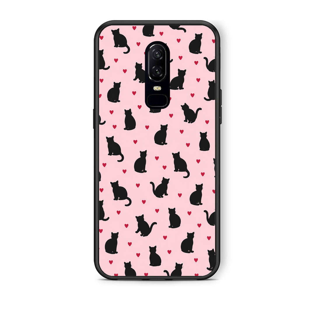 Θήκη OnePlus 6 Black Cat Silhouettes and Hearts on Pink από τη Smartfits με σχέδιο στο πίσω μέρος και μαύρο περίβλημα | OnePlus 6 Black Cat Silhouettes and Hearts on Pink case with colorful back and black bezels
