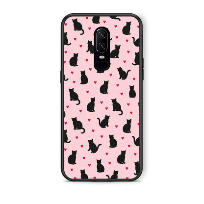 Θήκη OnePlus 6 Black Cat Silhouettes and Hearts on Pink από τη Smartfits με σχέδιο στο πίσω μέρος και μαύρο περίβλημα | OnePlus 6 Black Cat Silhouettes and Hearts on Pink case with colorful back and black bezels