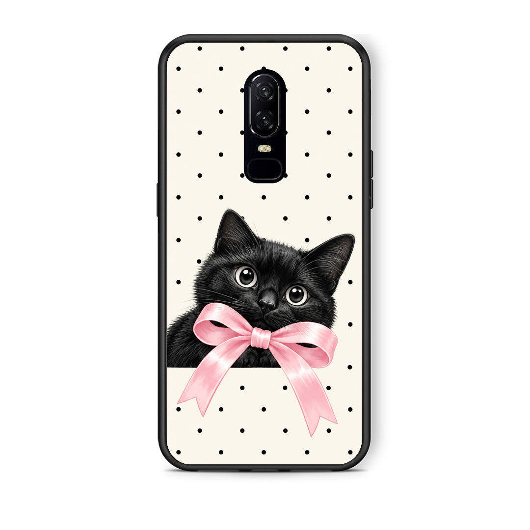 Θήκη OnePlus 6 Black Kitten Pink Bow and Polka Dots από τη Smartfits με σχέδιο στο πίσω μέρος και μαύρο περίβλημα | OnePlus 6 Black Kitten Pink Bow and Polka Dots case with colorful back and black bezels