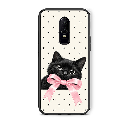 Θήκη OnePlus 6 Black Kitten Pink Bow and Polka Dots από τη Smartfits με σχέδιο στο πίσω μέρος και μαύρο περίβλημα | OnePlus 6 Black Kitten Pink Bow and Polka Dots case with colorful back and black bezels