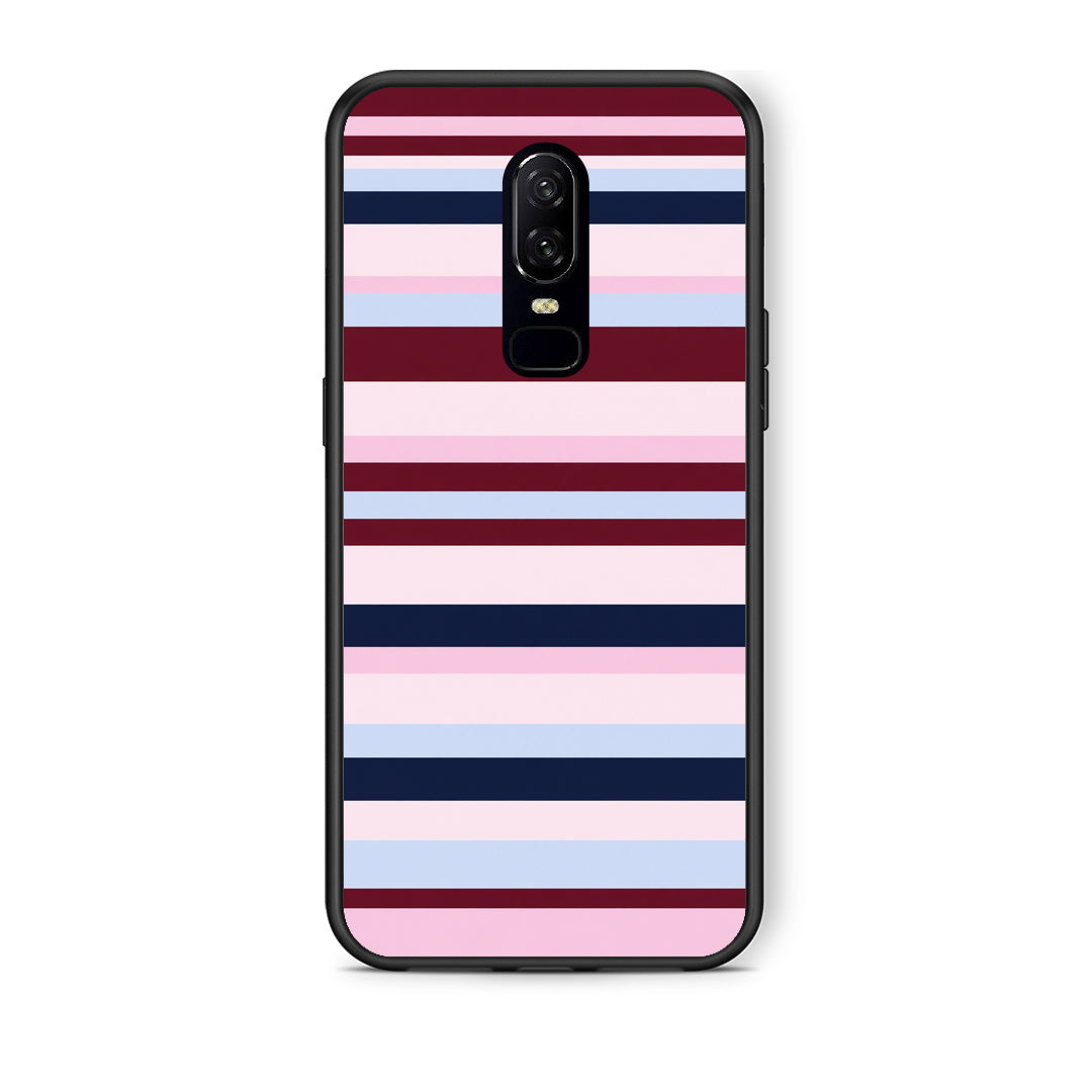 Θήκη OnePlus 6 Burgundy Pink and Blue Horizontal Stripes από τη Smartfits με σχέδιο στο πίσω μέρος και μαύρο περίβλημα | OnePlus 6 Burgundy Pink and Blue Horizontal Stripes case with colorful back and black bezels