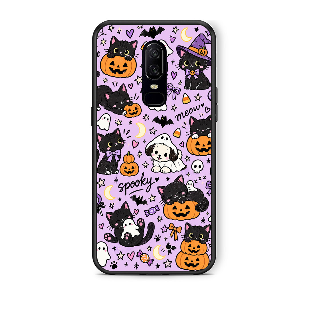 Θήκη OnePlus 6 Halloween Black Cats on Lilac από τη Smartfits με σχέδιο στο πίσω μέρος και μαύρο περίβλημα | OnePlus 6 Halloween Black Cats on Lilac case with colorful back and black bezels