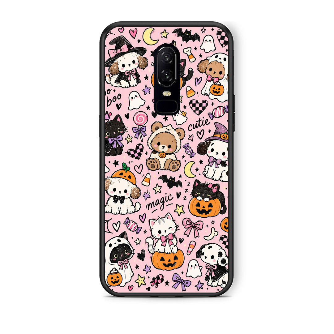 Θήκη OnePlus 6 Halloween Cute Animals on Pink από τη Smartfits με σχέδιο στο πίσω μέρος και μαύρο περίβλημα | OnePlus 6 Halloween Cute Animals on Pink case with colorful back and black bezels