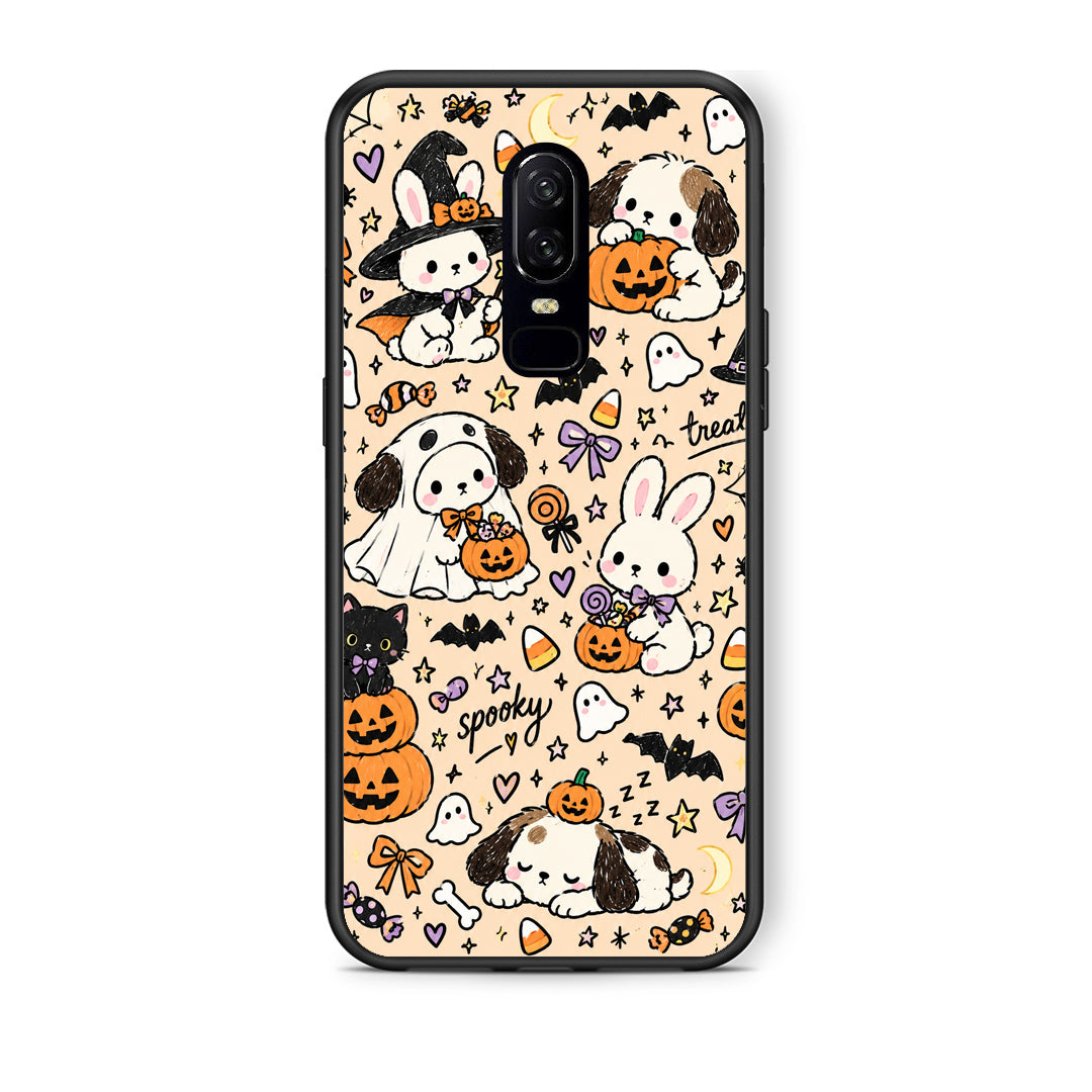 Θήκη OnePlus 6 Halloween Puppies and Friends on Cream από τη Smartfits με σχέδιο στο πίσω μέρος και μαύρο περίβλημα | OnePlus 6 Halloween Puppies and Friends on Cream case with colorful back and black bezels